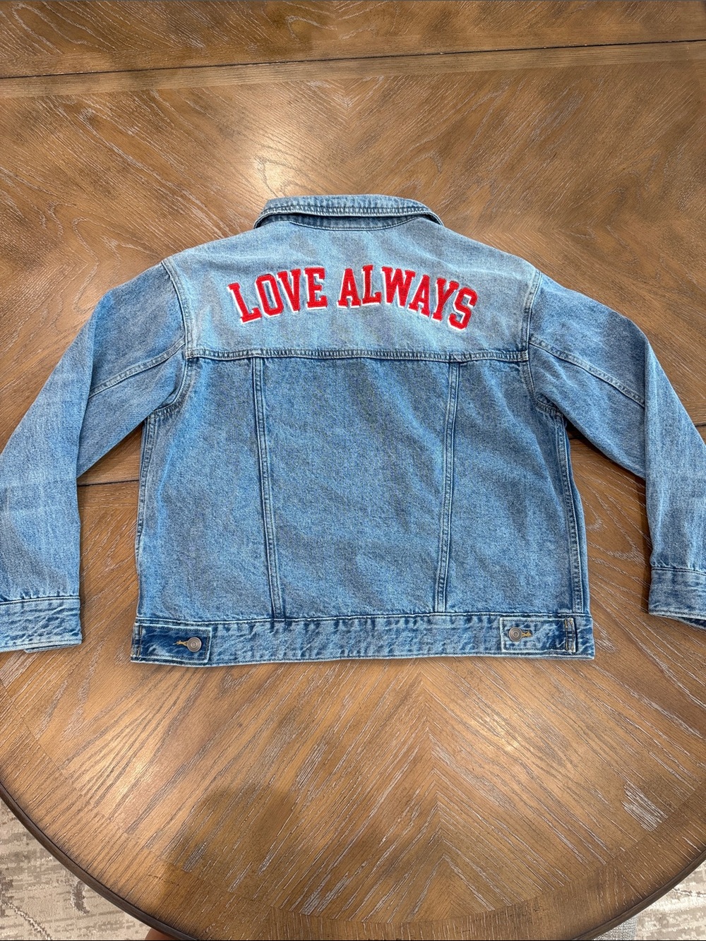 a new day Light Blue Denim Jacket with Red "LOVE ALWAYS" Patch